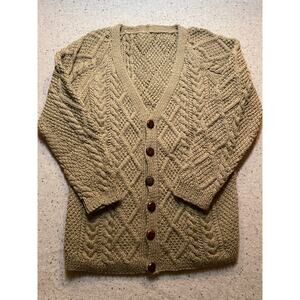 Fisherman cable knit cardigan women’s small tan faux leather buttons wool blend